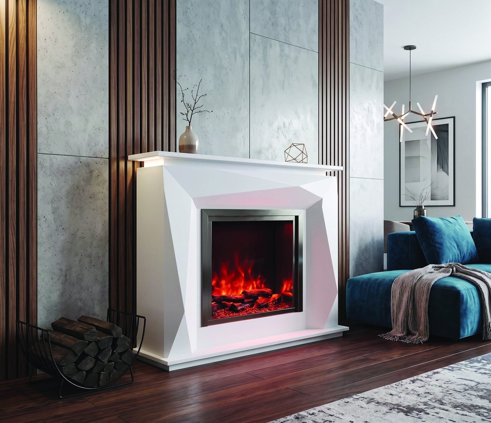 Modern Geometric White Electric Fireplace