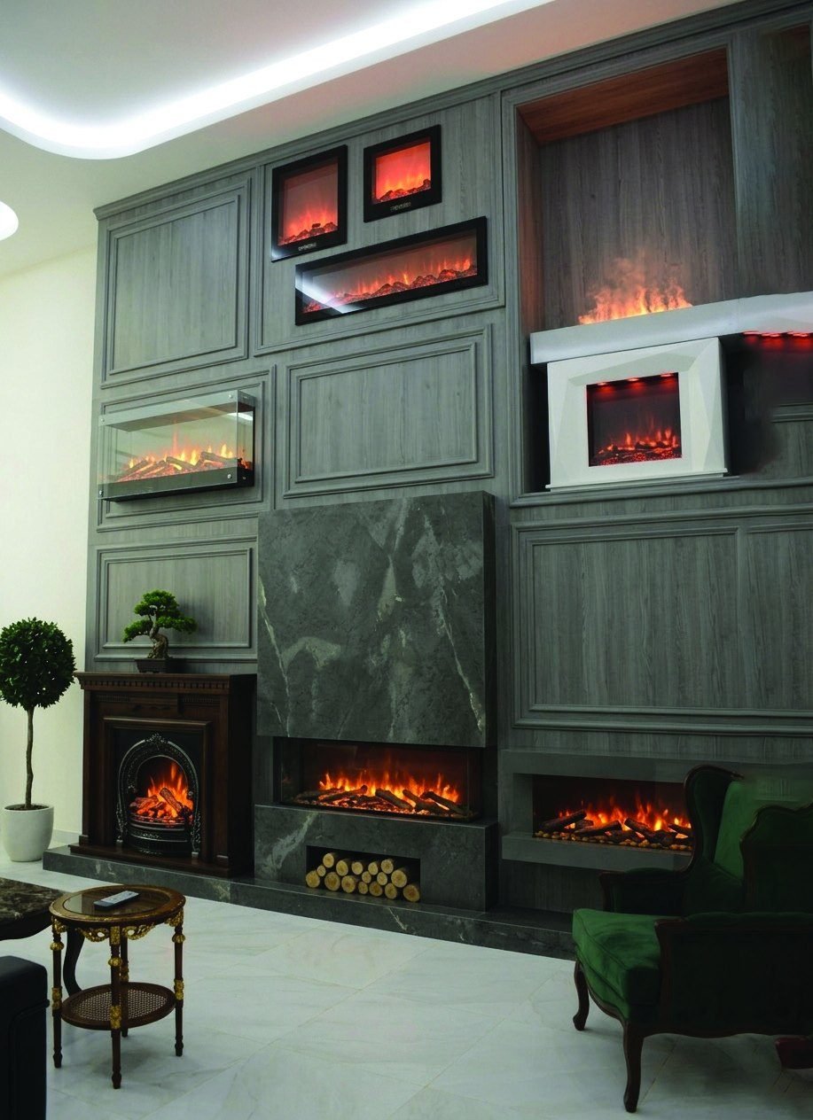 The Classy Home showroom: a wall of fireplaces shown lit, at full scale
